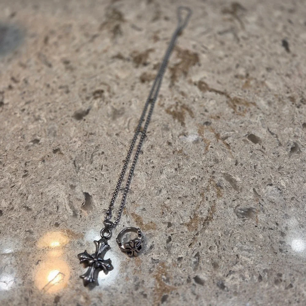 Gothic Cross Pendant Necklace and Matching Ring Set Silver Tone Streetwear
